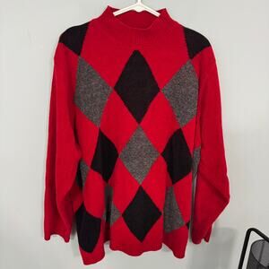 Karen Scott II Soft Acrylic Red Argyle Sweater High Neckline Womens Plus Size 2X